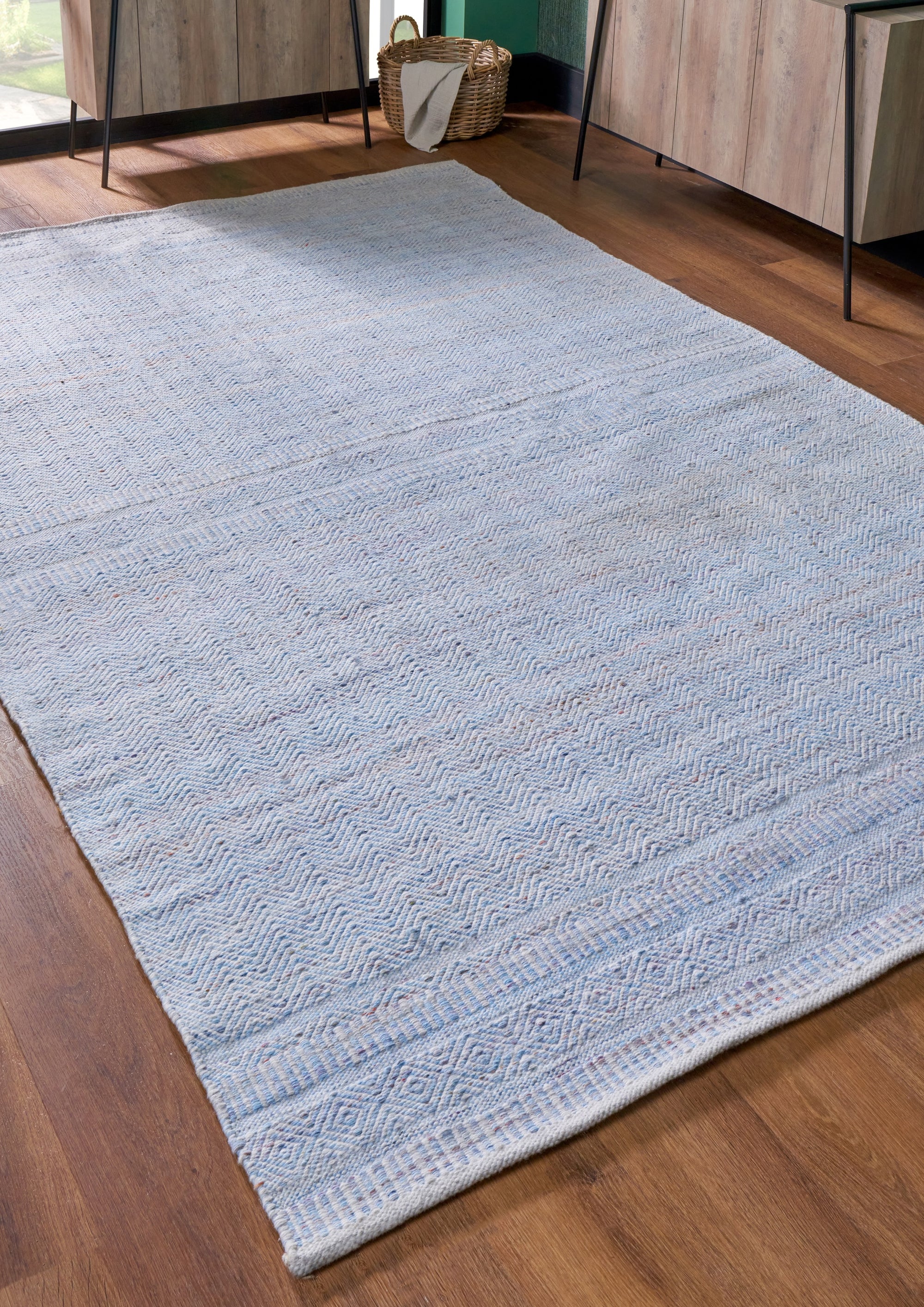 Outdoor Aqua Blue and White Inca Design Rug